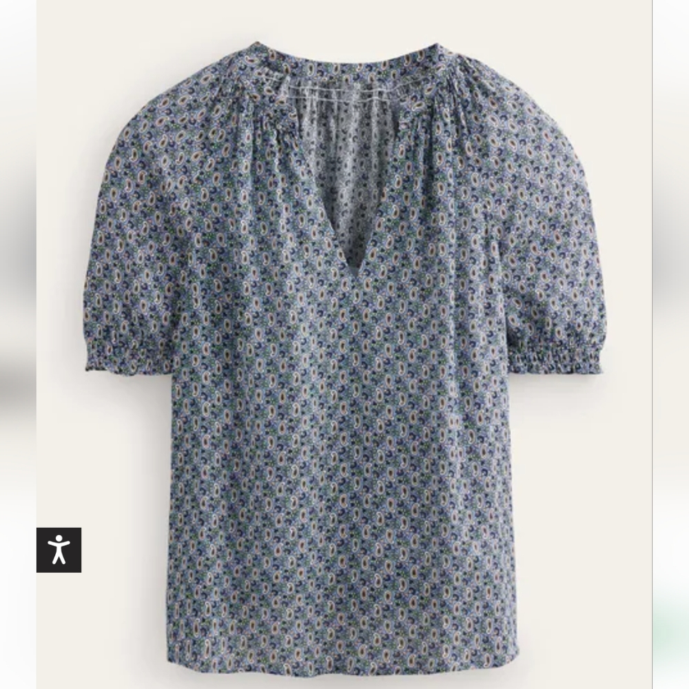 Boden Gathered Neck Short Sleeve TopBlue, Paisley Stem